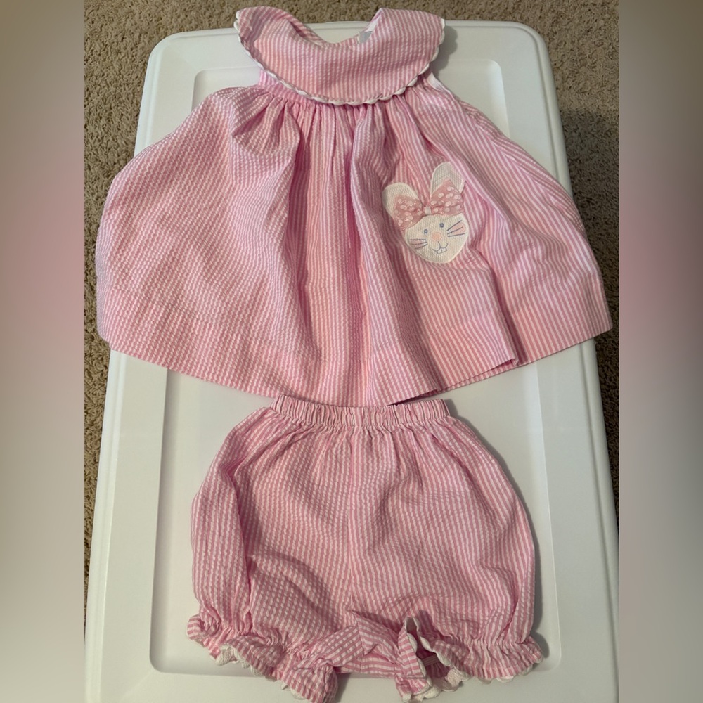 The Bailey Boys Pink Seersucker matching set with Bunny design. Sz 18 months.